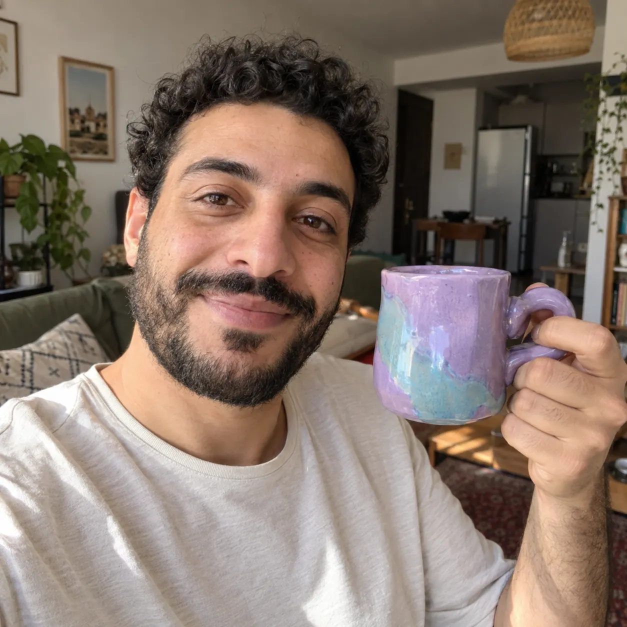 صورة سيلفي توضيحية مولّدة بالذكاء الاصطناعي لشخص يشارك كوبه المصنوع يدويًا