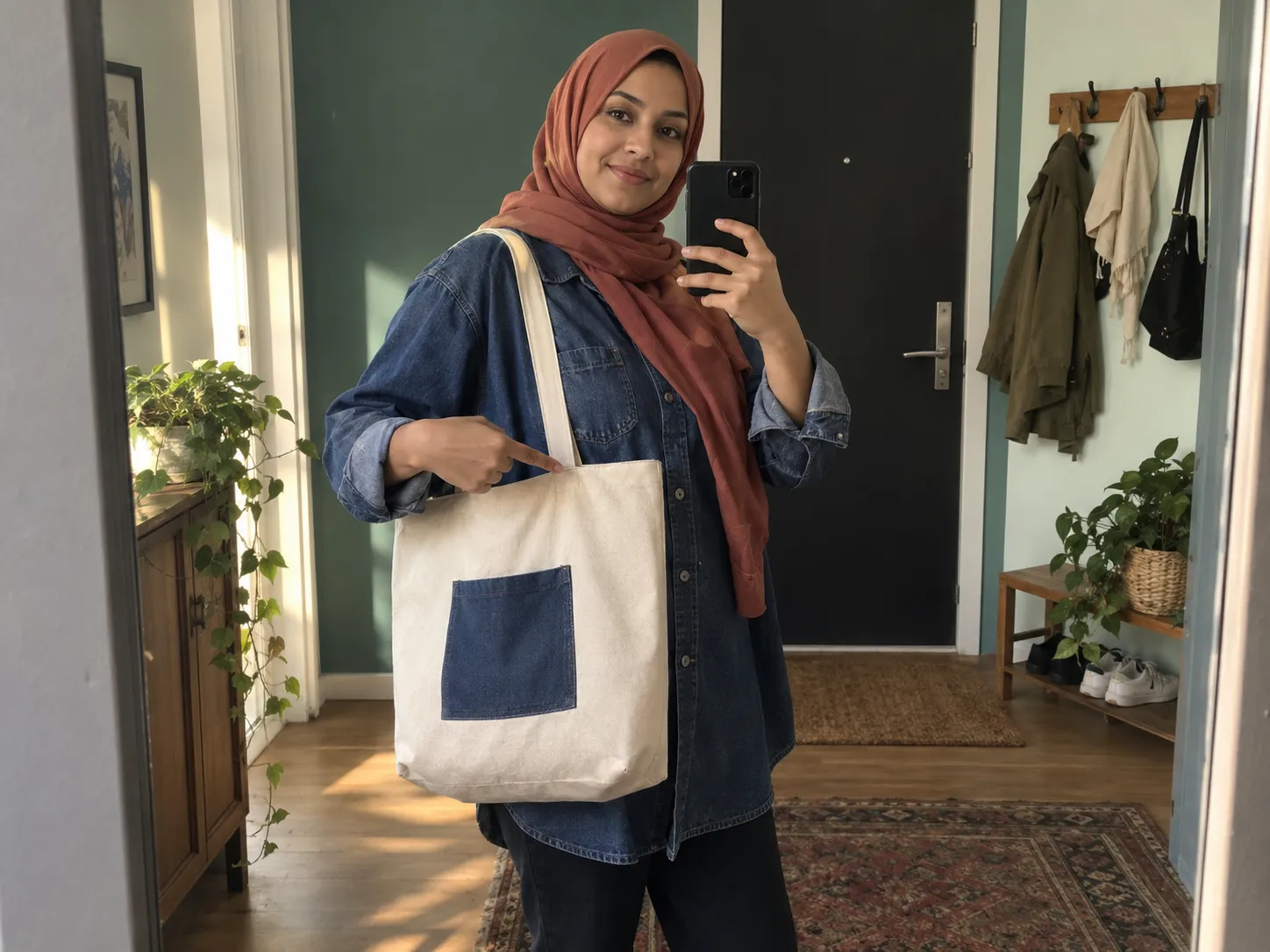 سيلفي توضيحي مولّد بالذكاء الاصطناعي لعميلة ترتدي حقيبتها القماشية أمام المرآة